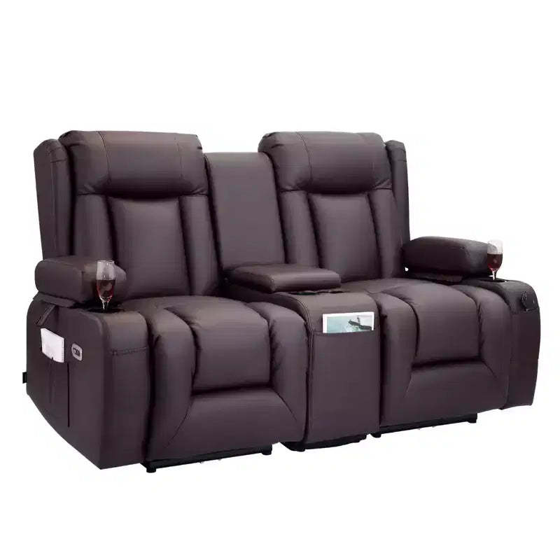 VEVOR Loveseat Recliner Sofa, Power Reclining Couch with Heating & Massage and Timer, PU Leather Recliner Sofa with Center Console, USB Ports,Brown