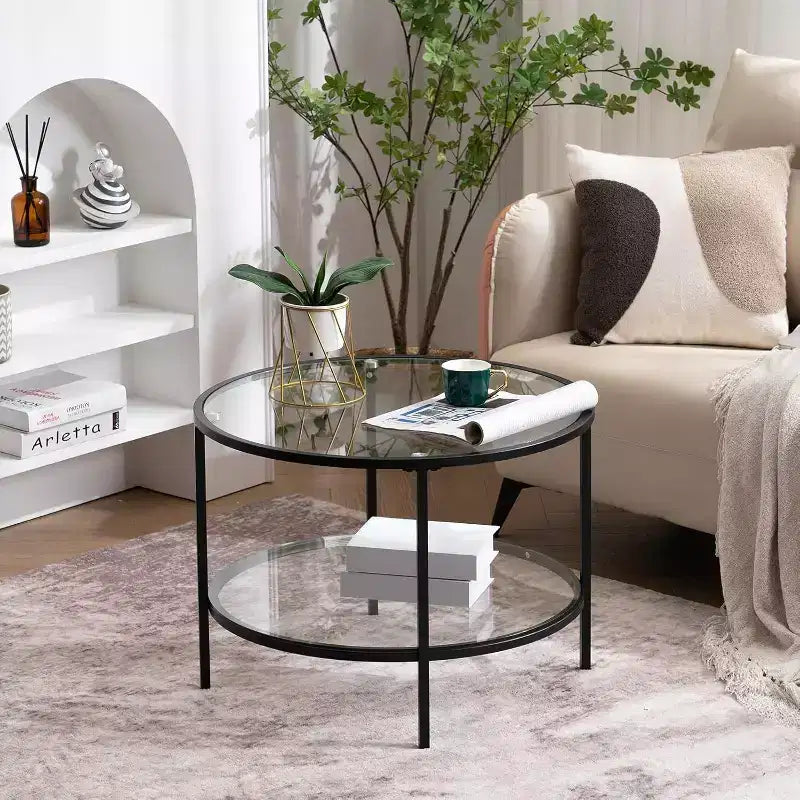 VINGLI 25.6 Round Black Coffee Table, 2-Tier Glass Coffee Table with Storage , Simple & Modern Center Table for Living Room, Small Space