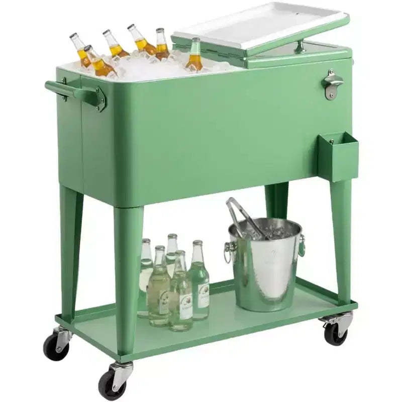 NAYSAYE 80 Quart Rolling Ice Chest Portable Bar Drink Cooler with Catch Basin, Bottom Storage Tray for Patio Party BBQ Beach, Green, 34.3*15.2*35.8