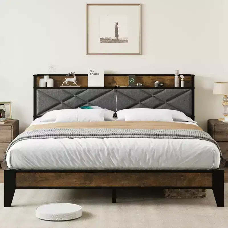 King Bed Frame with Headboard, Vintage Platform Bed with Charging Station & Storage Shelf, No Box Spring Needed, Grey & Brown