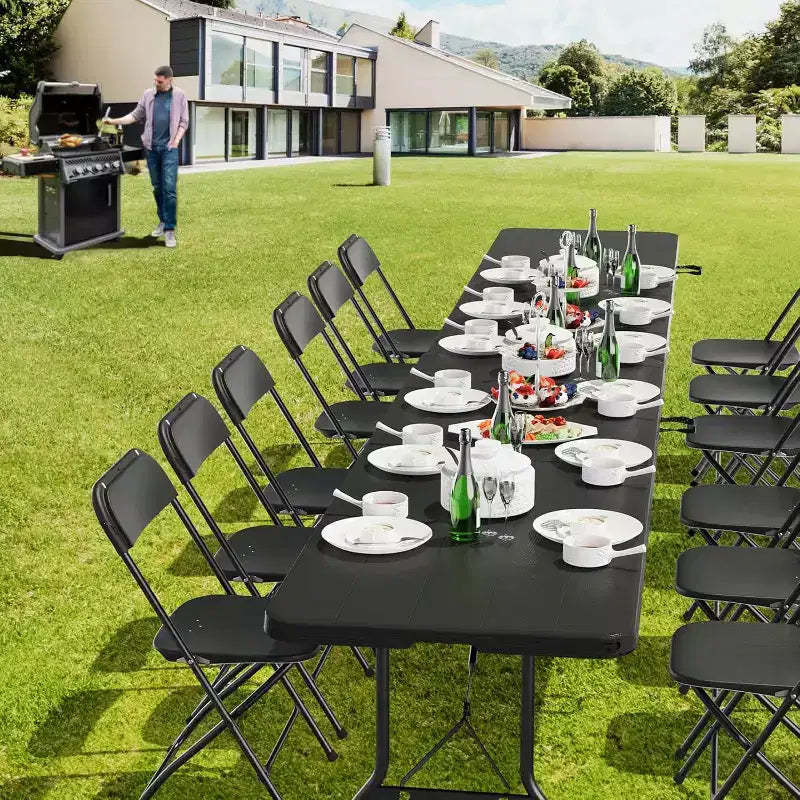 VINGLI 8 Foot Plastic Folding Table Portable Long Table for Indoor Outdoor Use Rectangular with Carrying Handle, Black
