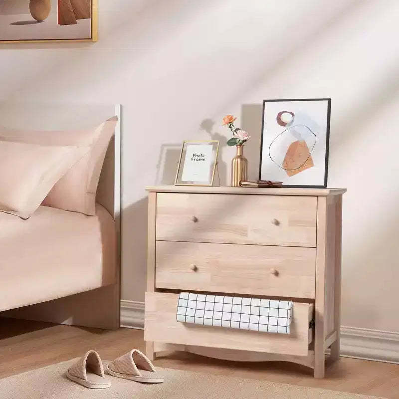 VINGLI Unfinished Natural Solid Wood 3 Drawer Dresser for Bedroom, Farmhouse Dressers & Chests Rubber Wood Dresser