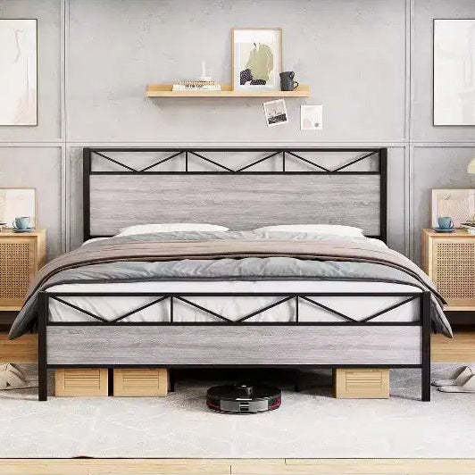 King Size Bed FrameMetal Platform Bed Frame with Headboard and FootboardNo NoiseNo Box Spring RequiredEasy to Assemble