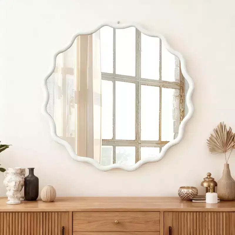 30 inch White Wavy Round Solid Wood Frame Wall Mirror for Bathroom Vanity, Wooden Farmhouse Decorative Mirror for Home