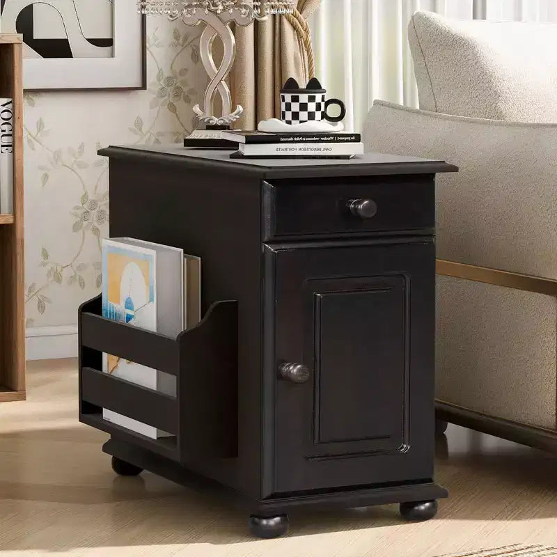 Okak Vintage Flip Top End Table with USB Ports, Side Table with Multifunctional Drawer and Cup Holders, Couch Table for Living Room