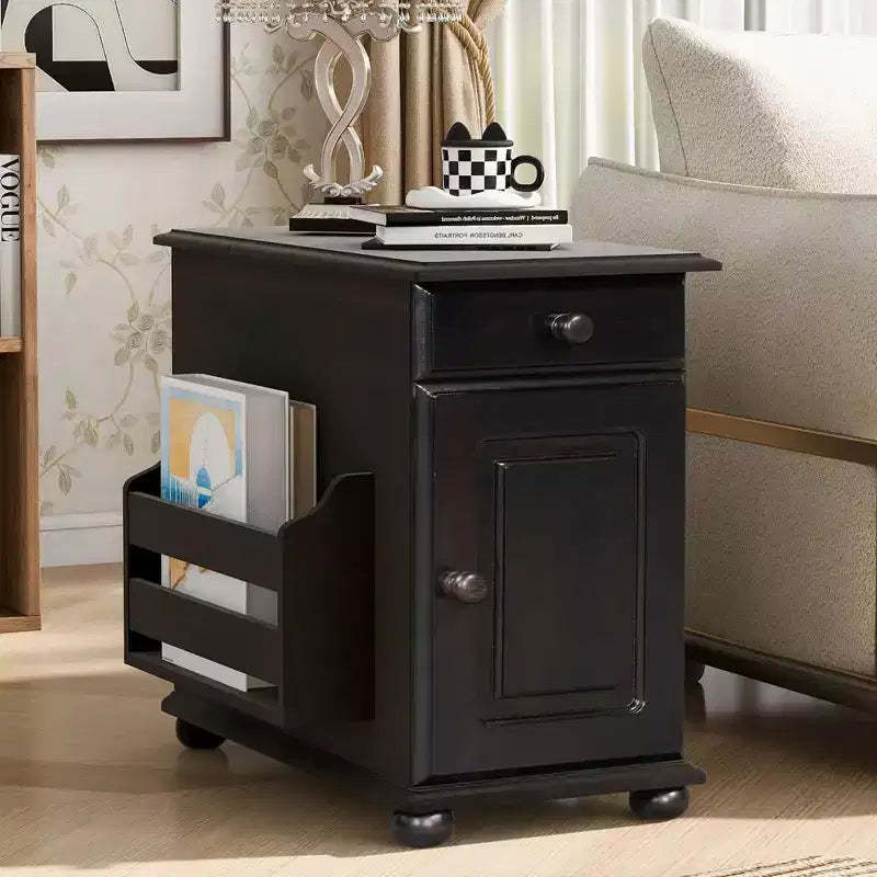 Okak Vintage Flip Top End Table with USB Ports, Side Table with Multifunctional Drawer and Cup Holders, Couch Table for Living Room