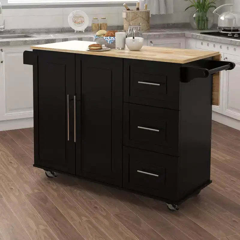Okak Kitchen Island with Extensible Solid Wood Tabletop, Rolling Kitchen Cart with 2 Doors and 3 Drawers, Countertop Organizer for Home, Black