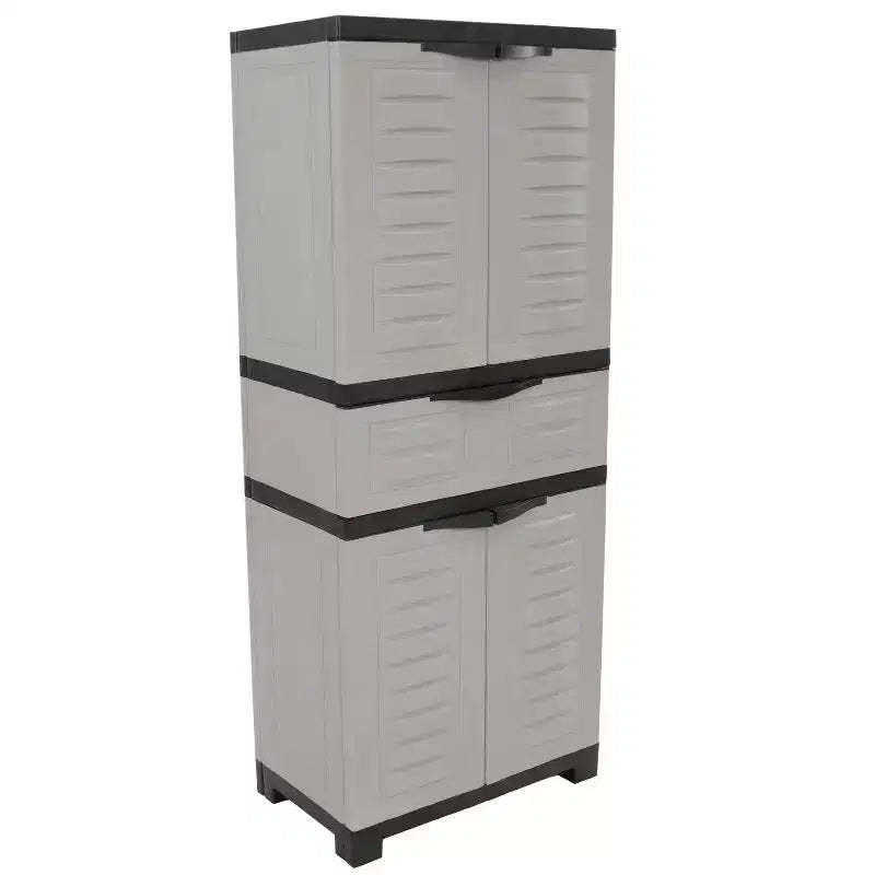 HomeRoots 23 Black and Gray Plastic Accent Cabinet With Four Doors And One Drawer