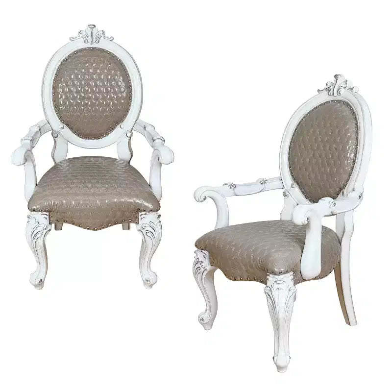 HomeRoots Set of Two Gray and White Upholstered Faux Leather And Solid Wood King Louis Back Dining Arm Chairs