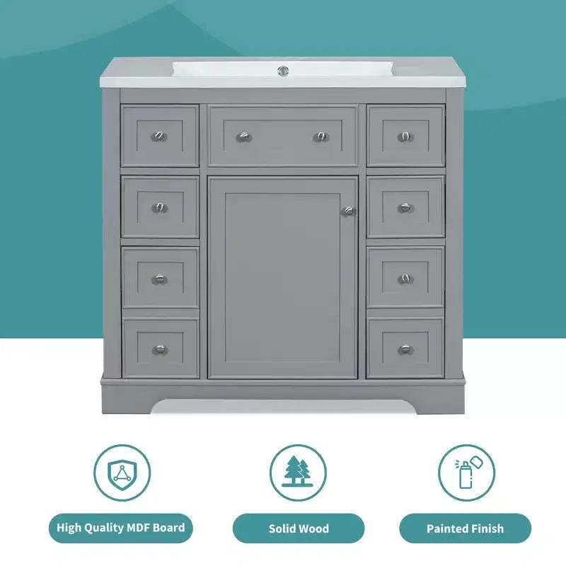 Bathroom Cabinet, 36 Inch Bathroom Vanity with 6 Drawers, Adjustable Shelf,Freestanding Bathroom Vanity Cabinet
