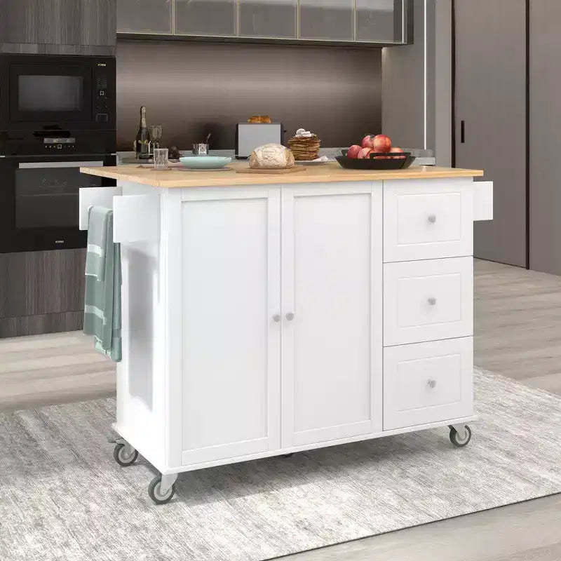 Okak Kitchen Cart with Wooden Top and Lockable Wheels, Kitchen Island with Drop Leaf, Spice Rack & Towel Rack, Countertop Organizer for Kitchen