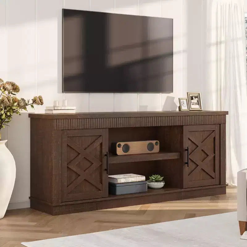 Farmhouse TV Stand for up to 70in TV, TV Entertainment Center w/ 2 Door Open Storage Shelf, Rustic Fluted TV Consoles Stands for Living Room, Bedroom