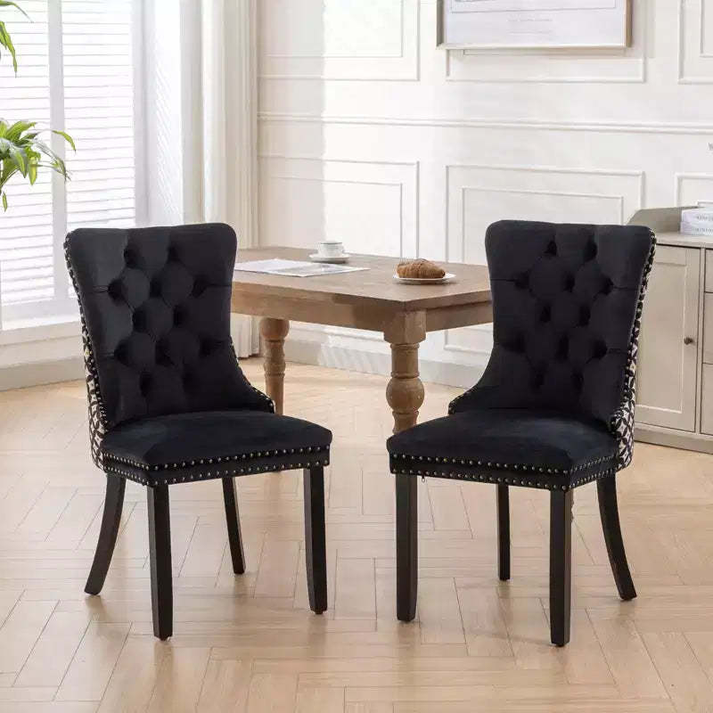 Upholstered Dining Chair with Ring Pull Trim, Button Back,hard Wood Legs,Pattern Modern Chair