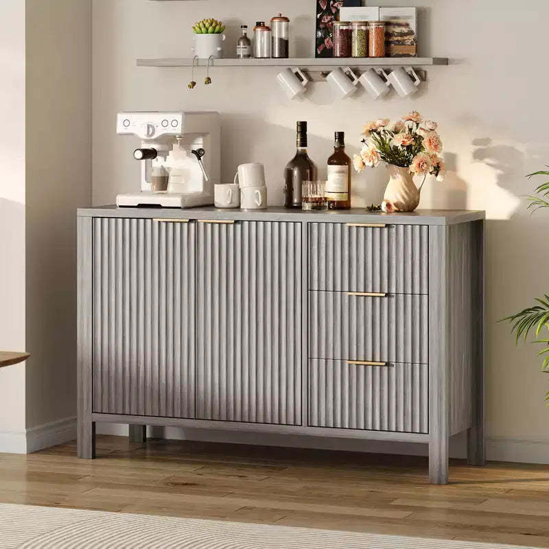 3 Drawers & 2 Doors Wooden Credenza  Fluted Sideboard Buffet Cabinet Modern for Living Room Kitchen