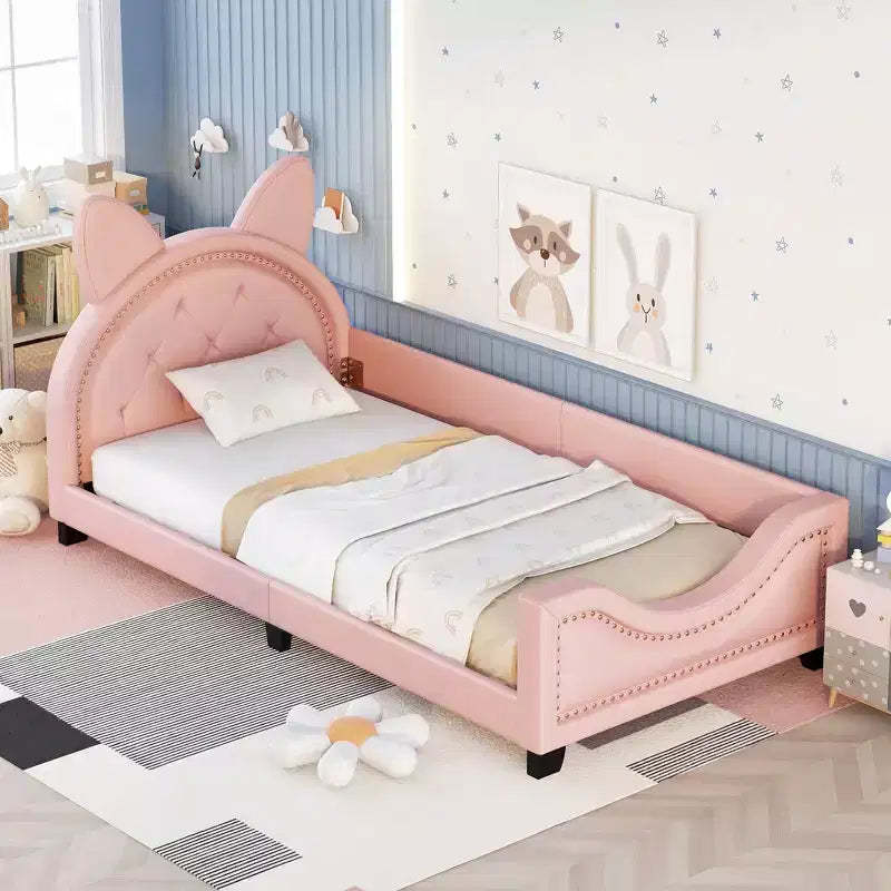 Twin Size Carton Daybed for Kids, PU Leather Daybed Frame with Ears Shaped Headboard and Rivet Decoration for Girls Boys, , Pink