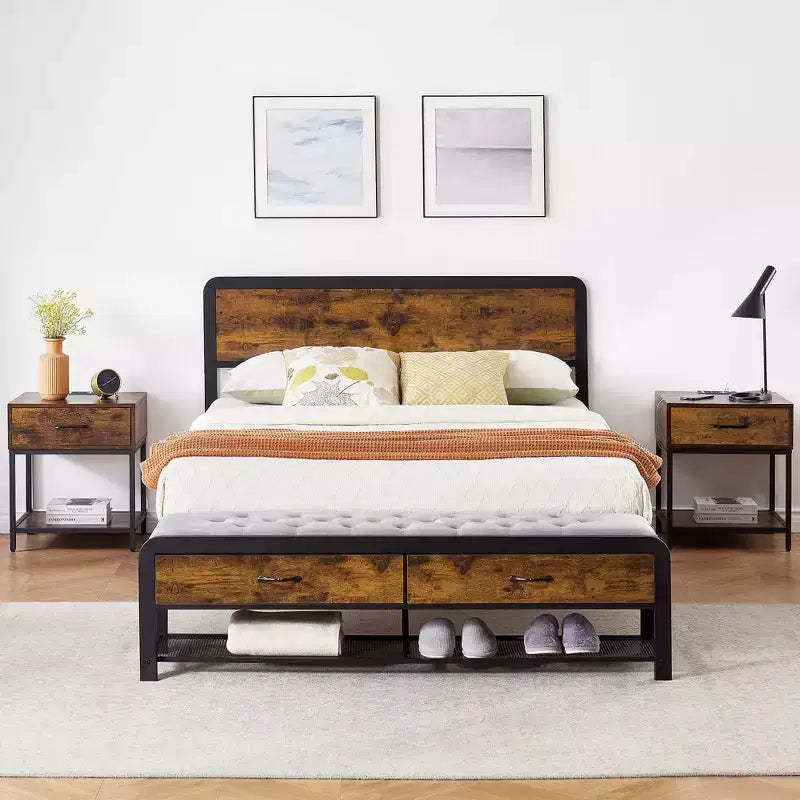 GustoWave Rustic Large Bed Frame w/Bench and 2 Storage Drawers, Metal Platform Bed Frame w/Wood Headboard, No Box Spring Needed