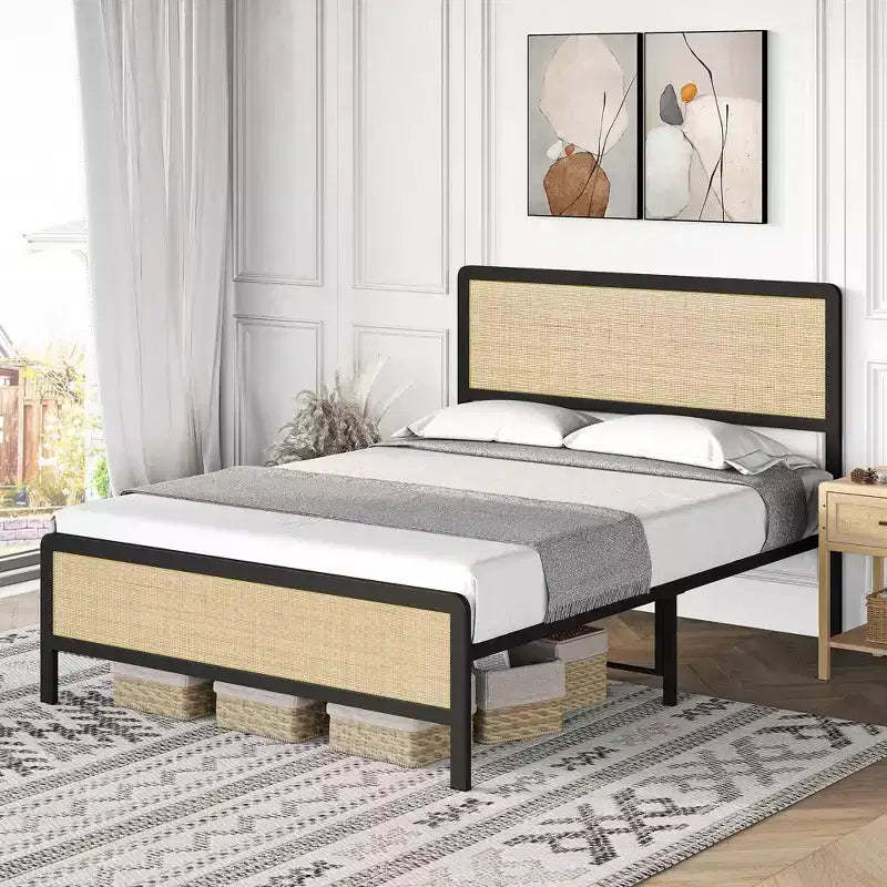 Platform Bed Frame with Rattan Headboard & Footboard,Boho, Heavy Duty Metal Slat Support, No Box Spring Needed, 1000LB Capacity