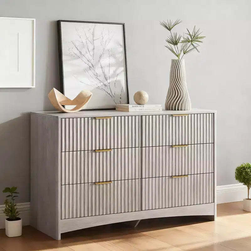 6-drawer dressing table, rounded drawer slot wooden box, dressing table TV stand, and storage rack for bedroom and hallway, gray