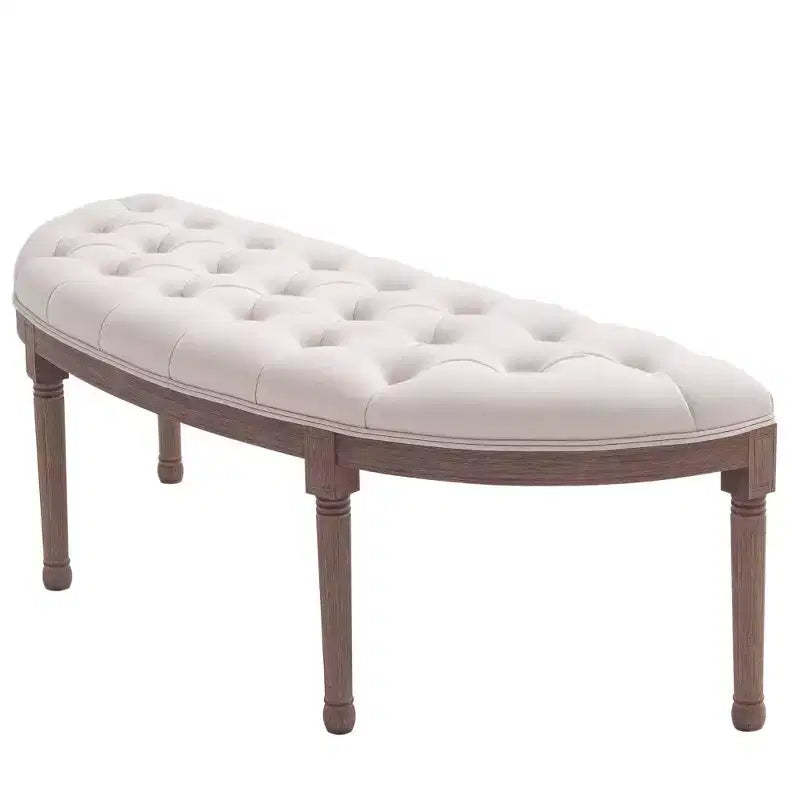 Semi-Circle End of Bed Bench with Tufted Design, Upholstered Bedroom Entryway Bench with Rubberwood Legs