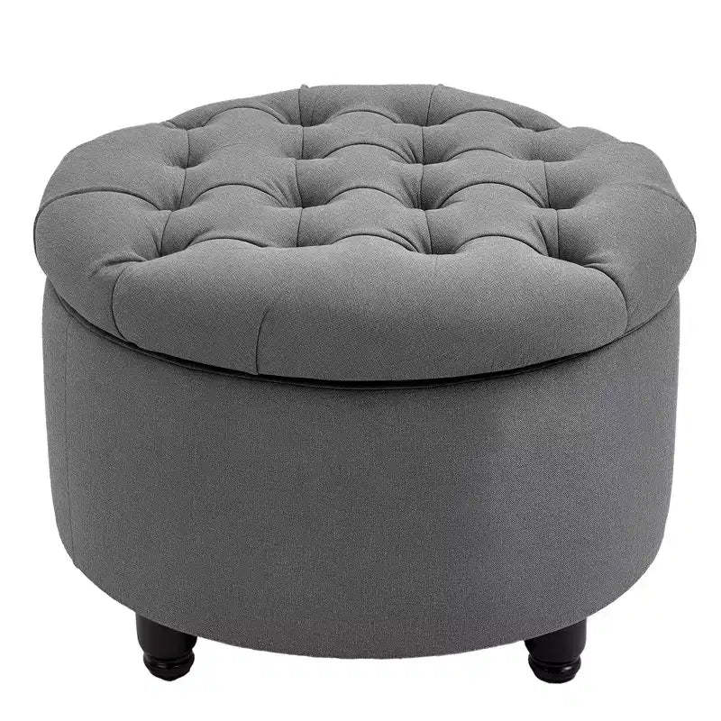 Round Linen-touch Fabric Storage Footstool Ottoman Button Tufted Footrest with Removable Lid