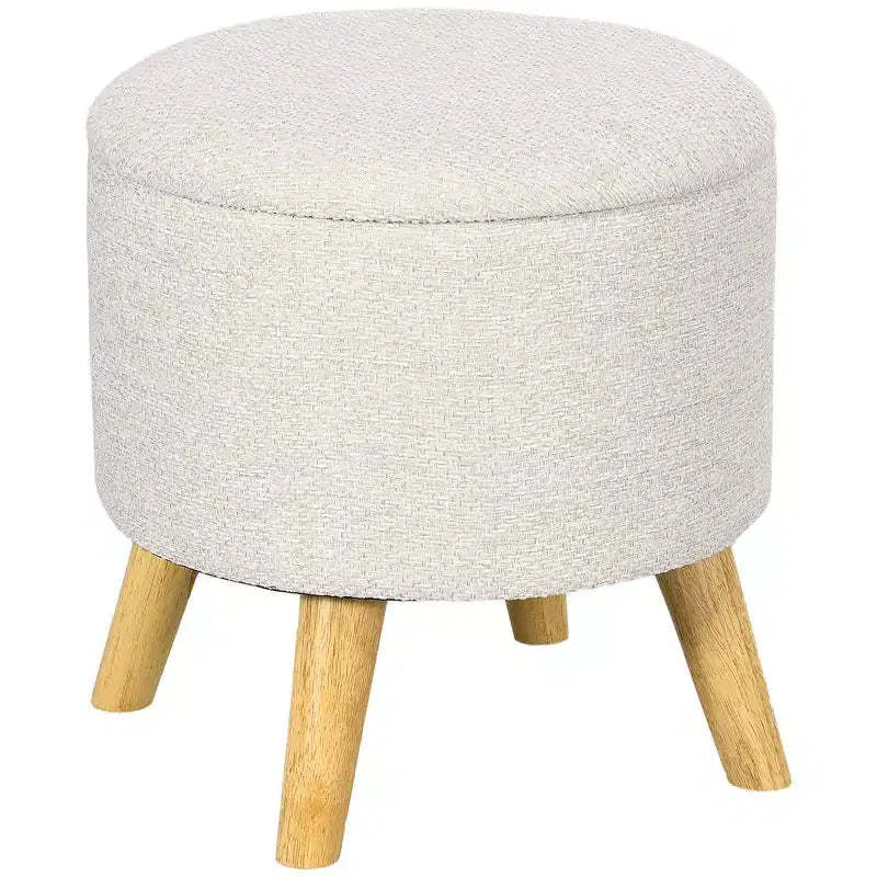 Round Ottoman Stool with Storage, Linen Fabric Upholstered Foot Stool with Padded Seat