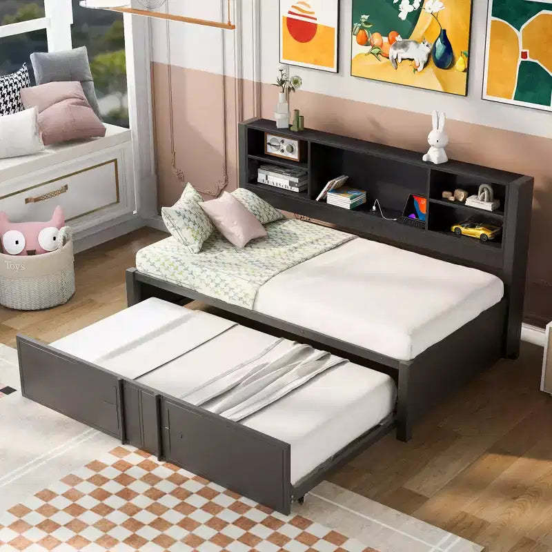 Whisen Metal Twin Size Daybed with Twin Size Trundle, Storage Shelves and USB Ports