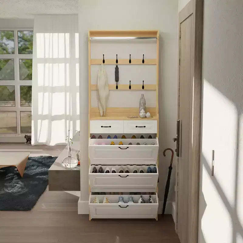 Tall, modern shoe cabinet with 3 flip-top doors, 2 drawers, and 8 hooks freestanding shoe cabinet