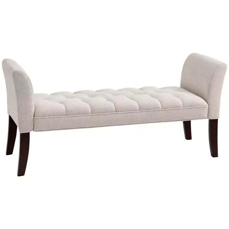 Upholstered Bedroom Bench with Button Tufted Design, End of Bed Bench with Arms and Solid Wood Legs