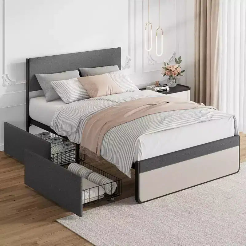 Bed Frame with Headboard and 2 Storage Drawers, Upholstered Platform Bed with 1000LB Capacity, No Box Spring Needed, Noise Free, Easy Assembly