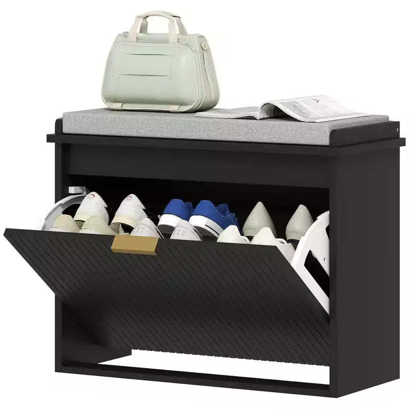 Shoe Storage Bench with Padded Seat Cushion and Flip-Drawer, Entryway Bench, Shoe Cabinet, 24.4x10.2x18.7 Inches