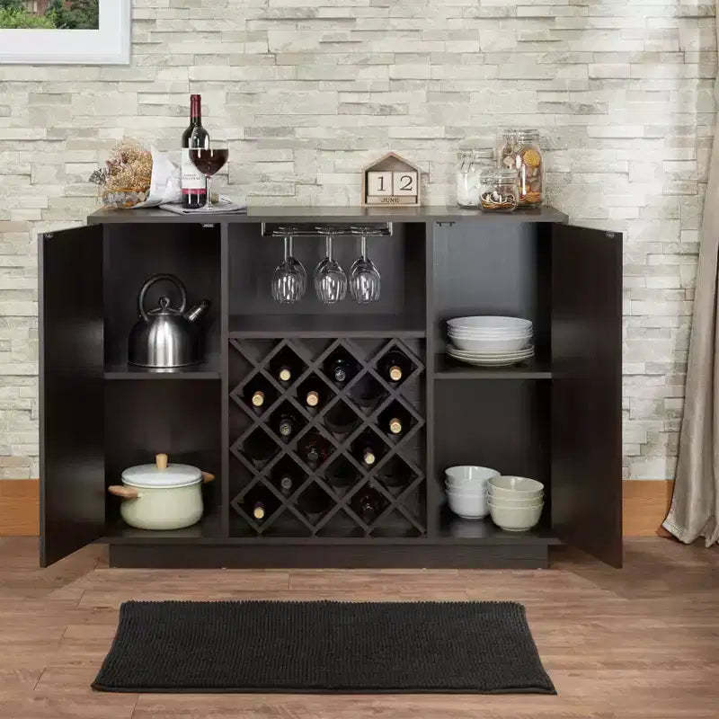 GDFStudio Mantua Modern Wood Wine Cabinet with 18-Bottle Rack, Cup Holder, and Storage Shelves