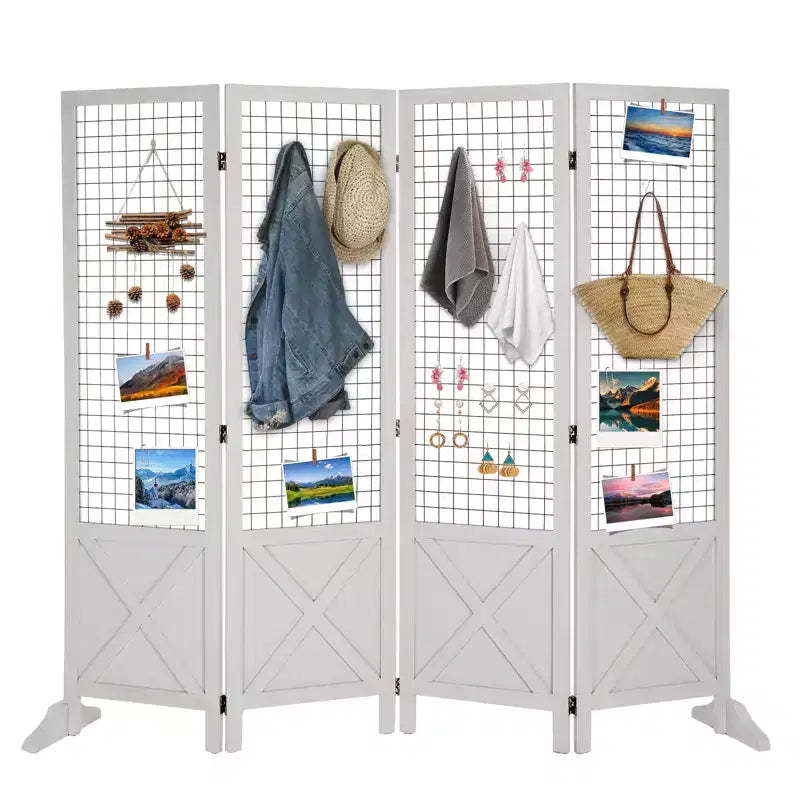 VINGLI 5ft Room Divider Freestanding Gridwall, 4 Panel Folding Display Board Organizer with Feet, Wooden Frame for Craft Shows Events Retail(White)