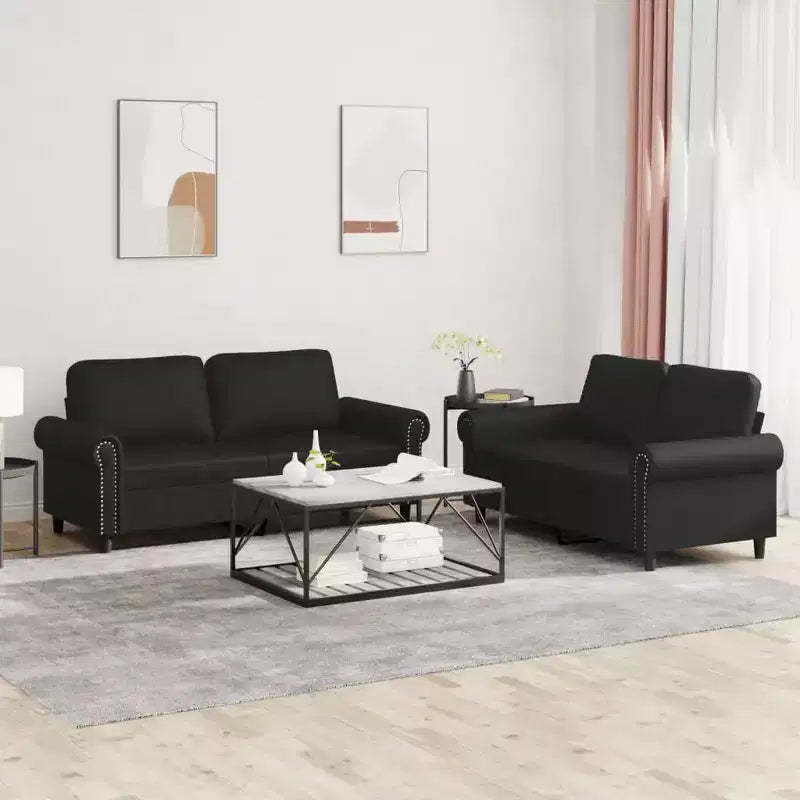 2-Piece Black Faux-Leather Sofa Set  Modern Clean-Line Cushioned Loveseat & Couch, Stain-Resistant, Metal+Plywood Frame