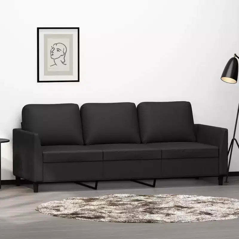 78 Modern 3-Seat Faux-Leather Sofa  Stain-Resistant Black Upholstery, Clean-Line Minimalist Design, Sturdy Frame for Living Room or Lounge
