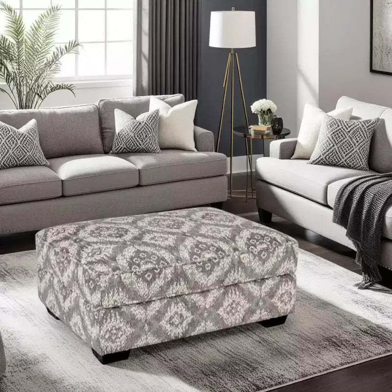 Royal Hampton Ottoman, Geometric Gray White Polyester, Solid Wood, 40 Inch