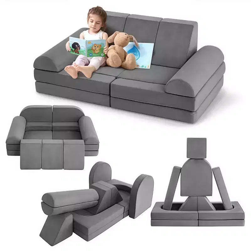 GustoWave Upholstered Velvet 10 pcs Modular Kids Couch Set, Foam Play Sofa for Toddlers, Convertible Children's Playroom Furniture, Gray