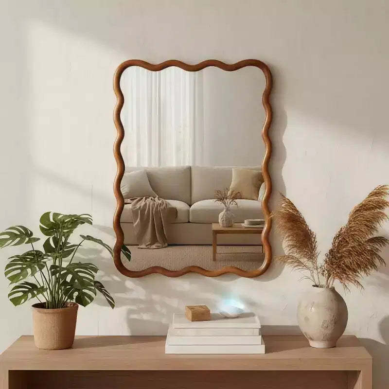 PexFix 30 x 40 Wavy Rectangle Solid Wood Frame Decorative Mirror Modern Farmhouse Wall Mirror For Bedroom Bathroom Living Room Entryway Brown