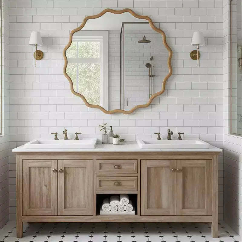 PexFix 30 Wavy Round Solid Wood Frame Decorative Mirror Modern Farmhouse Wall Mirror For Bedroom Bathroom Living Room Entryway Natural Wood