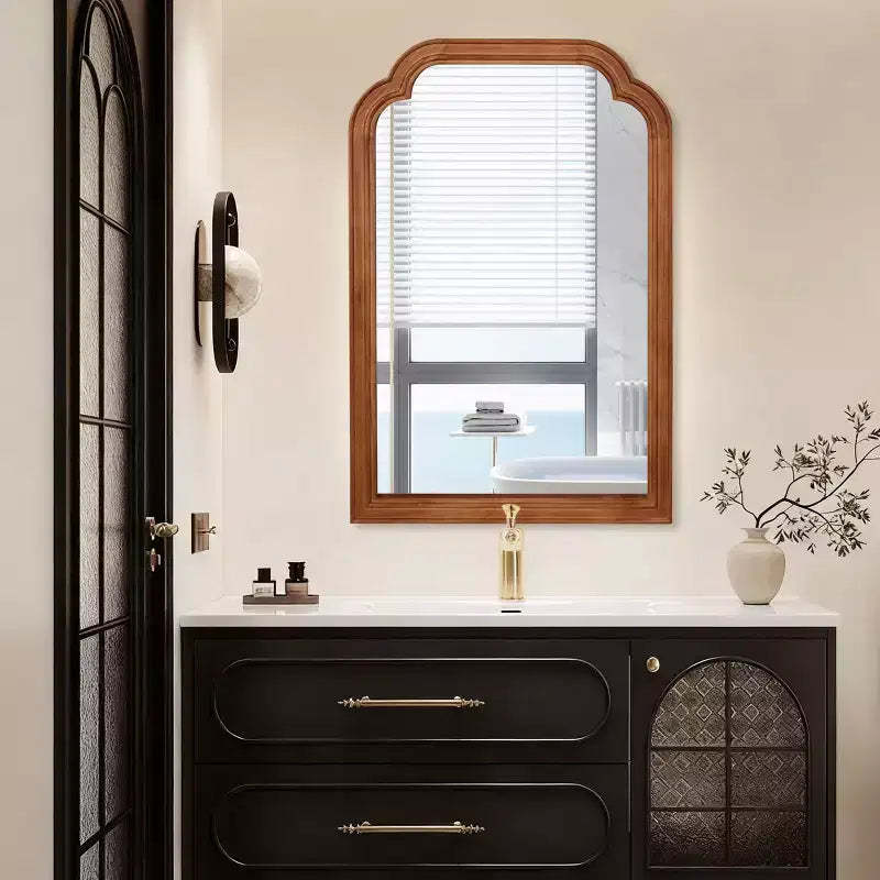 PexFix 24 x 36 Rounded Corner Solid Wood Frame Decorative Mirror Modern Farmhouse Wall Mirror For Bedroom Bathroom Living Room Entryway Brown