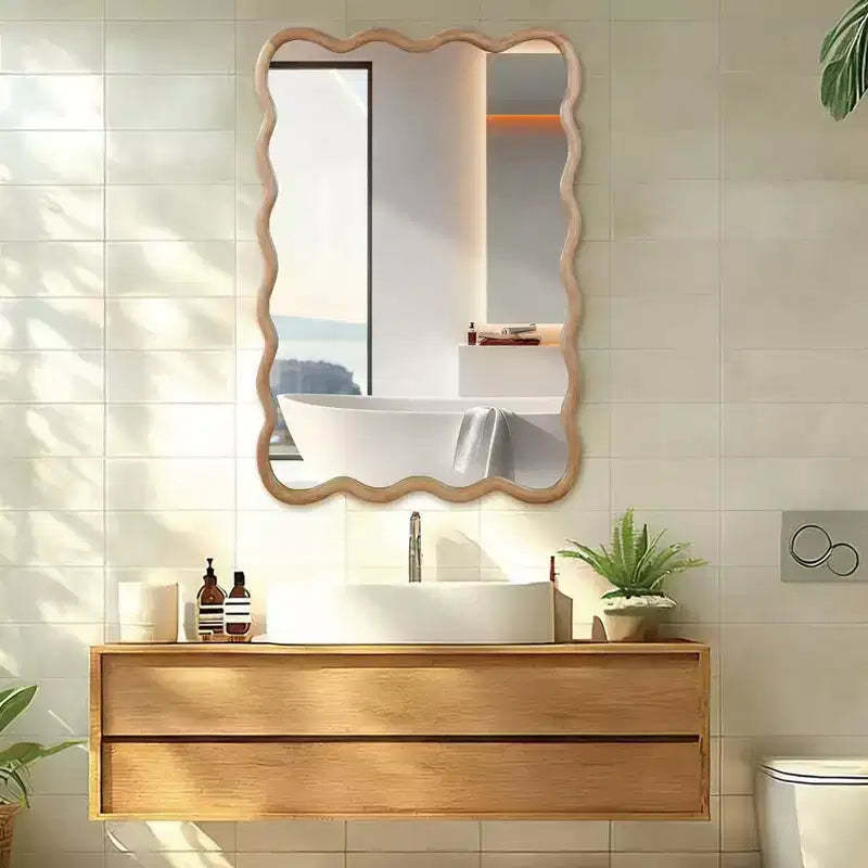 PexFix 24 x 36 Wavy Rectangle Solid Wood Frame Decorative Mirror Modern Farmhouse Wall Mirror For Bedroom Bathroom Living Room Entryway Natural Wood