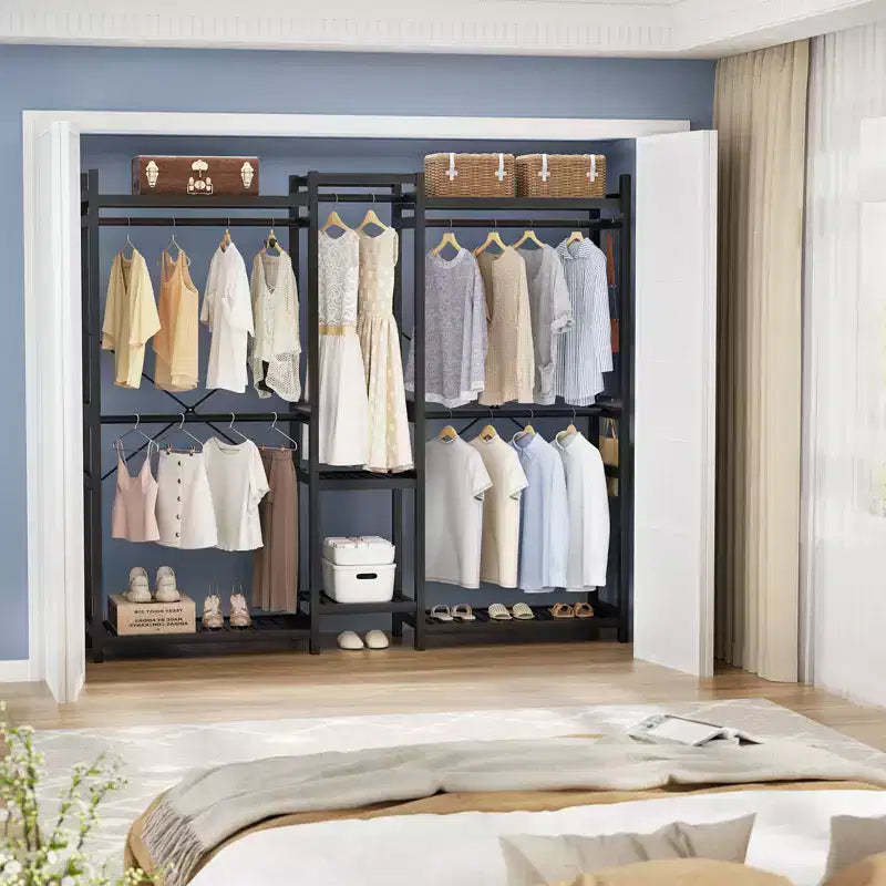 Besiost 70-In Bamboo Garment Rack with 5 Hanging Rods, Freestanding Closet System with Shelves - Black