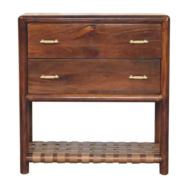 HomeRoots 32 Brown Solid Wood Two Drawer Nightstand With Leather Shelf