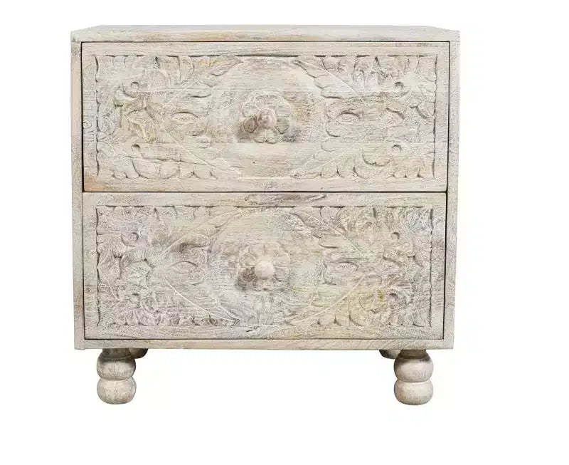 HomeRoots 24 Natural And White Solid Wood Distressed Carved Scrollwork Two Drawer Nightstand