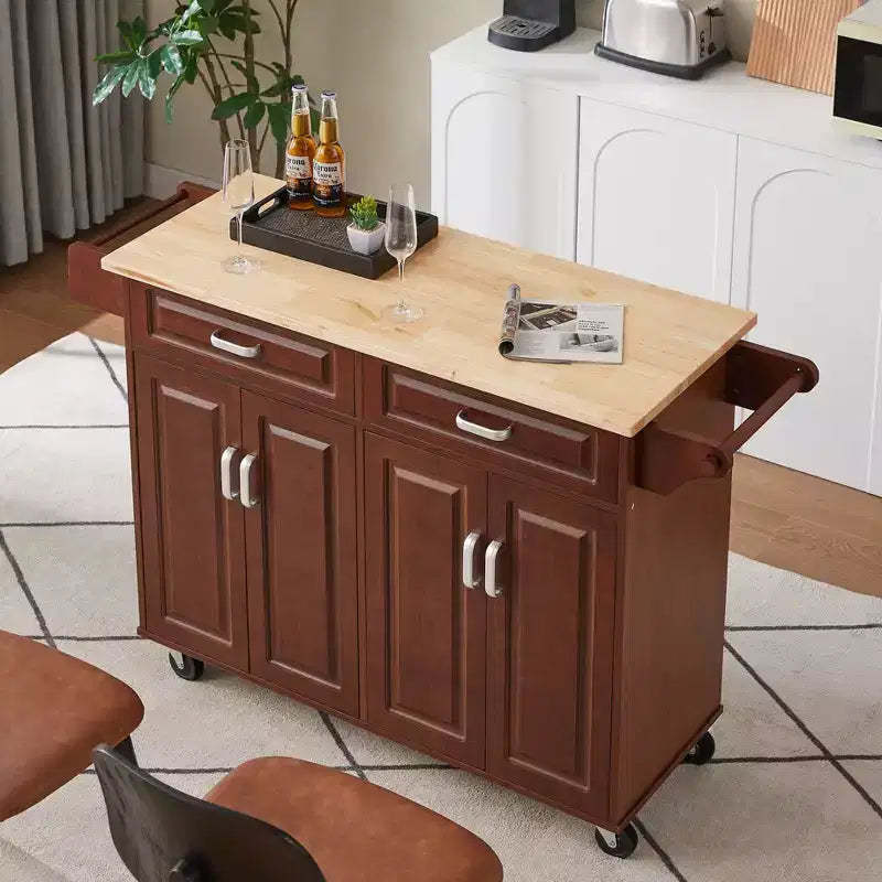 Okak Kitchen Island with 4 Doors and 2 Drawers, Kitchen Cart with Spice Rack and Towel Rack, Kitchen Island Cart for Kitchen, Dining Room, Brown