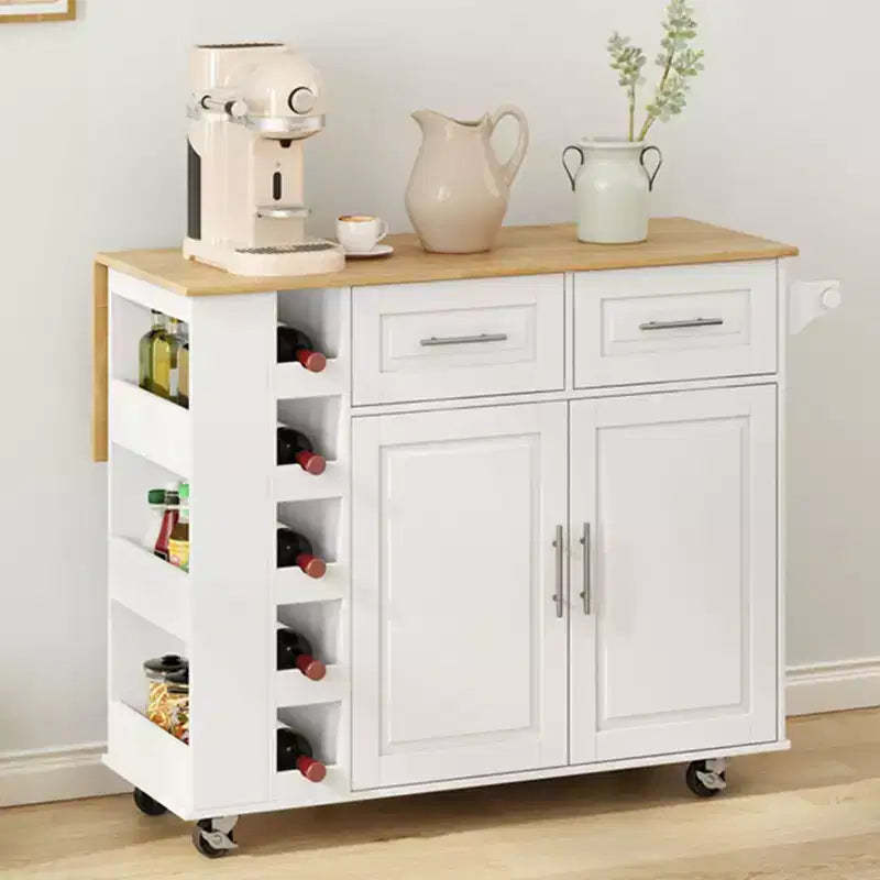 Okak Multi-Functional Kitchen Island with 2 Door Cabinet and 2 Drawers, Kitchen Cart with Spice Rack, Towel Holder and Foldable Wooden Top, White