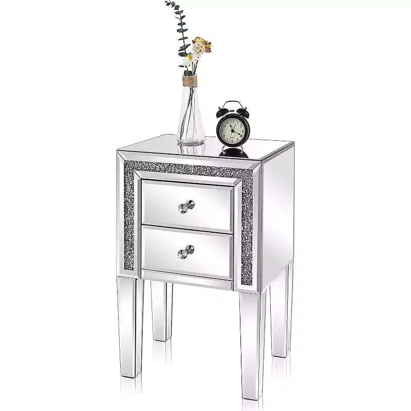 VINGLI Mirror Nightstand with Drawer, Silver Mirrored Glass End Table, Crushed Diamond Glitter