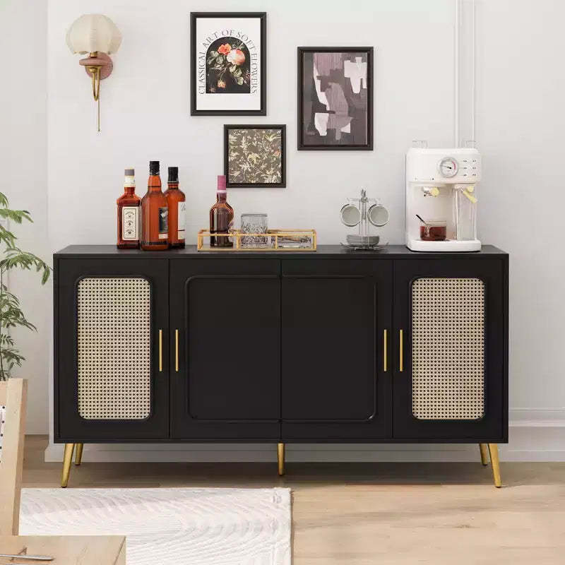 Retro 4-Door Cabinet with Plastic Rattan, Stylish Storage for Living, Dining, or Bedroom