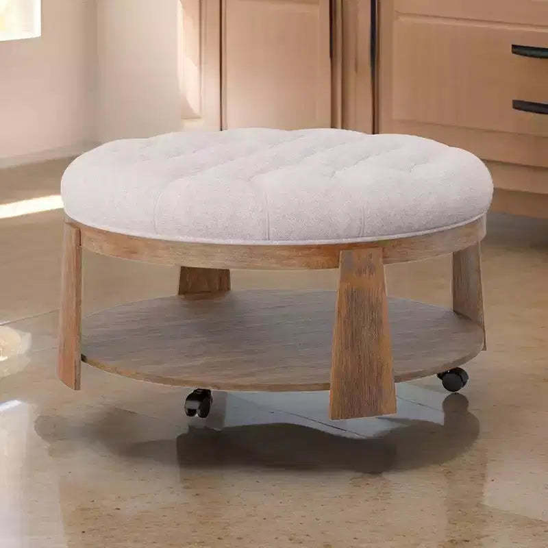 Royal Hampton 41 Inch Ottoman Coffee Table, Button Tufted Beige Fabric, Brown Wood