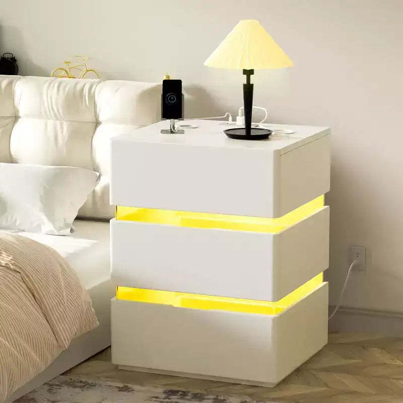 VINGLI White Nightstand with Charging Station, Led Nightstand, 3 Drawer Nightstand, Smart Nightstand