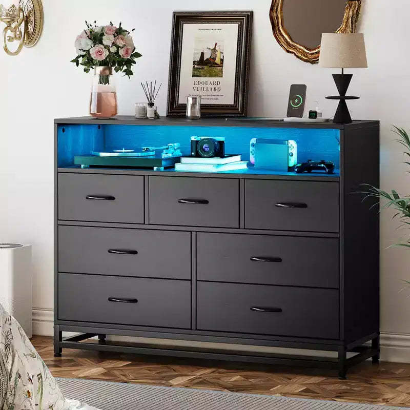 7 Drawers for Bedroom, Led Lights and Charging Station Wooden Long Dresser , Large Capacity Storage for Living Room,